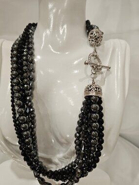 Dallas Prince, Black Spinel, Hematite & Onyx Toggle Necklace Sterling Silver 20"
